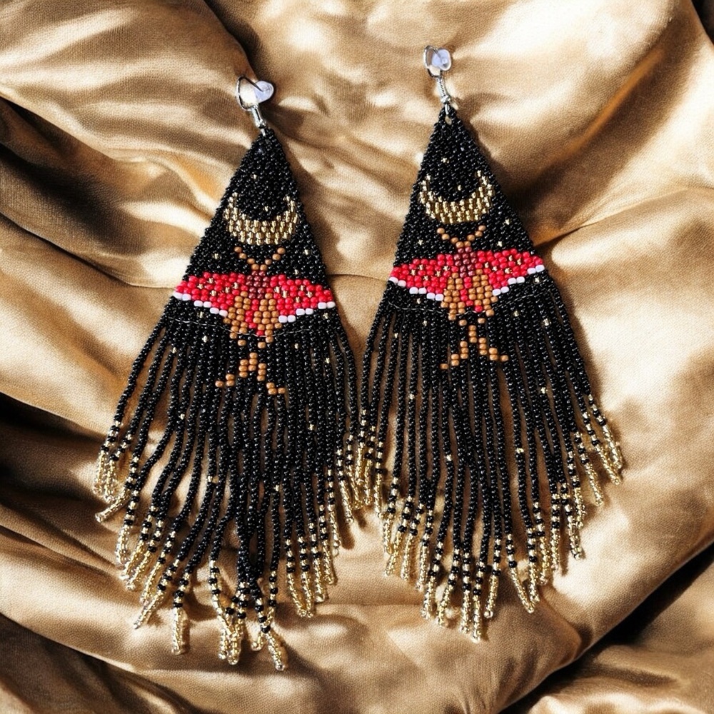 Bold Black Gold Silver Red Handmade Boho Witchy Beaded Earrings w/beaded fringe